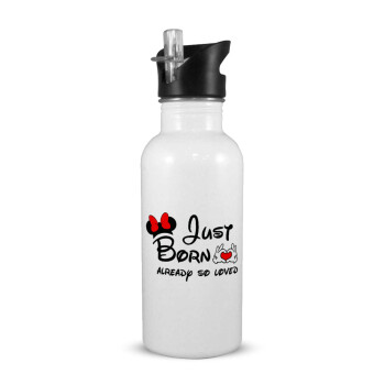 Just born already so loved, White water bottle with straw, stainless steel 600ml