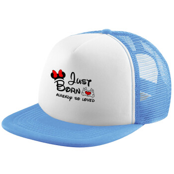 Just born already so loved, Child's Soft Trucker Hat with Blue/White Mesh (POLYESTER, CHILD, ONE SIZE)