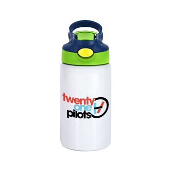Twenty one pilots, Children's hot water bottle, stainless steel, with safety straw, green, blue (350ml)