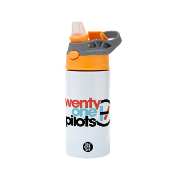 Twenty one pilots, Children's hot water bottle, stainless steel, with safety straw, Orange/Grey (360ml) BPA-FREE