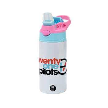 Twenty one pilots, Children's hot water bottle, stainless steel, with safety straw, Pink/BlueCiel (360ml) BPA FREE