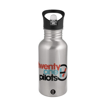 Twenty one pilots, Water bottle Silver with straw, stainless steel 500ml