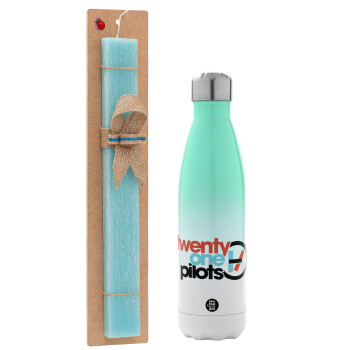 Twenty one pilots, Easter Set, Metallic green/white thermos (Stainless steel), double-walled, 500ml & scented flat Easter candle (30cm) (TURQUOISE)