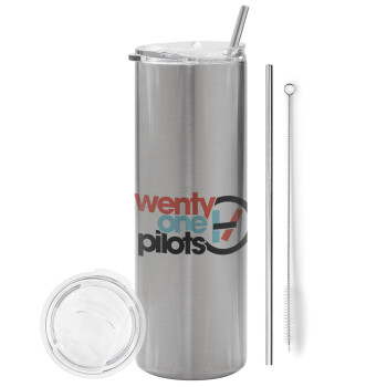 Twenty one pilots, Eco friendly stainless steel Silver tumbler 600ml, with metal straw & cleaning brush