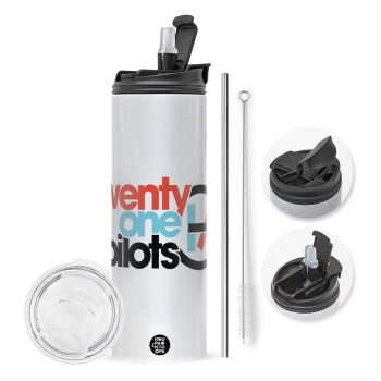 Twenty one pilots, Travel Tumbler 2 Lids, with metal straw & cleaning brush (Stainless steel 304 Food grade, BPA free, 600ml)