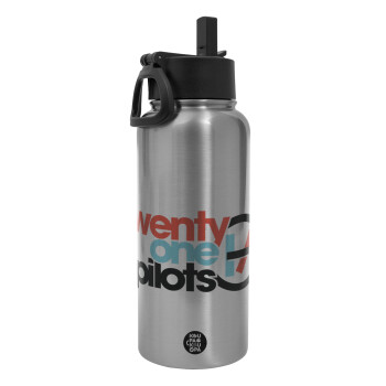 Twenty one pilots, Metal mug thermo Silver with Straw and Spout Lid (Stainless steel), double wall, 950ml