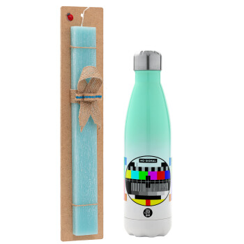 No signal, Easter Set, Metallic green/white thermos (Stainless steel), double-walled, 500ml & scented flat Easter candle (30cm) (TURQUOISE)