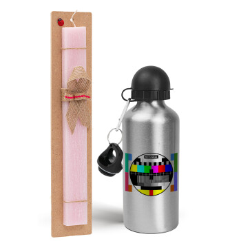 No signal, Easter Set, metallic Silver aluminum water bottle (500ml) & scented flat Easter candle (30cm) (PINK)