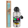 Easter Set, metallic silver aluminum water bottle (500ml) & scented flat Easter candle (30cm) (TURQUOISE)