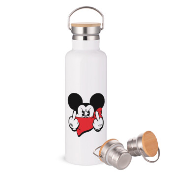 Mickey fuck off, Stainless steel White with wooden lid (bamboo), double wall, 750ml