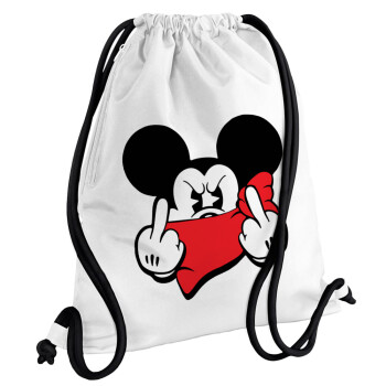 Mickey fuck off, Backpack pouch GYMBAG white, with pocket (40x48cm) & thick cords