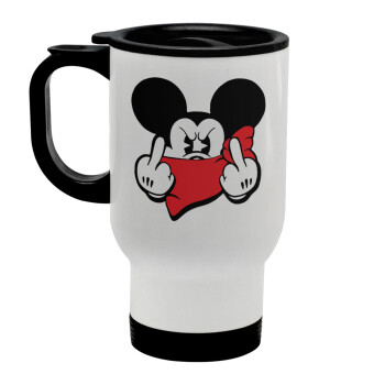 Mickey fuck off, Stainless steel travel mug with lid, double wall white 450ml