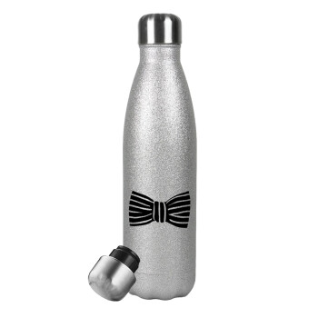 Bow tie, Metallic Glitter Silver Thermos Flask (Stainless steel), double-walled, 500ml