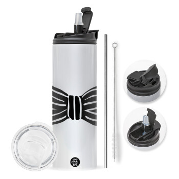 Bow tie, Travel Tumbler 2 Lids, with metal straw & cleaning brush (Stainless steel 304 Food grade, BPA free, 600ml)