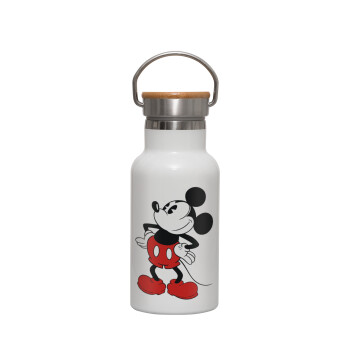 Mickey Classic, Metallic thermos (Stainless steel) White with wooden lid (bamboo), double-walled, 350ml