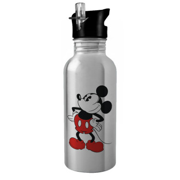 Mickey Classic, Water bottle Silver with straw, stainless steel 600ml