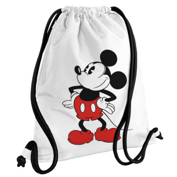Mickey Classic, Τσάντα πλάτης πουγκί GYMBAG λευκή, με τσέπη (40x48cm) & χονδρά κορδόνια