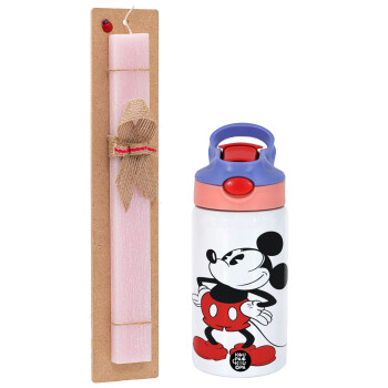 Mickey Classic, Πασχαλινό Σετ, Παιδικό παγούρι θερμό, ανοξείδωτο, με καλαμάκι ασφαλείας, ροζ/μωβ (350ml) & πασχαλινή λαμπάδα αρωματική πλακέ (30cm) (ΡΟΖ)