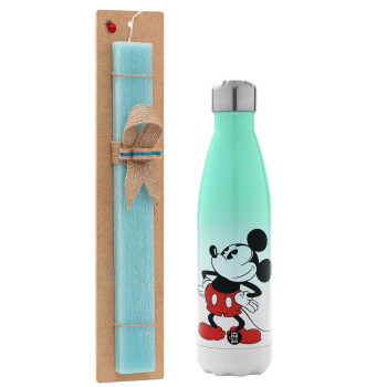 Mickey Classic, Easter Set, Metallic green/white thermos (Stainless steel), double-walled, 500ml & scented flat Easter candle (30cm) (TURQUOISE)