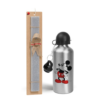 Mickey Classic, Easter Set, metallic silver aluminum water bottle (500ml) & aromatic flat Easter candle (30cm) (GRAY)