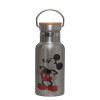 Stainless steel metallic thermos flask, silver with a bamboo lid, double-walled, 350ml.