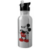 Water bottle Silver with straw, stainless steel 600ml