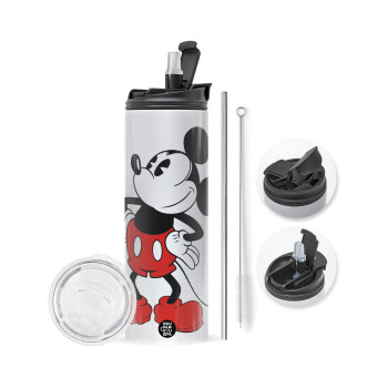 Mickey Classic, Travel Tumbler θερμό με διπλό καπάκι, μεταλλικό καλαμάκι και βούρτσα καθαρισμού (Ανωξείδωτο 304 Food grade, BPA free, 600ml)