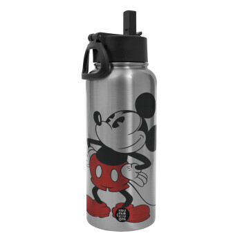 Mickey Classic, Metal mug thermo Silver with Straw and Spout Lid (Stainless steel), double wall, 950ml