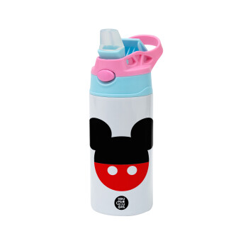 Mickey head, Children's hot water bottle, stainless steel, with safety straw, Pink/BlueCiel (360ml) BPA FREE