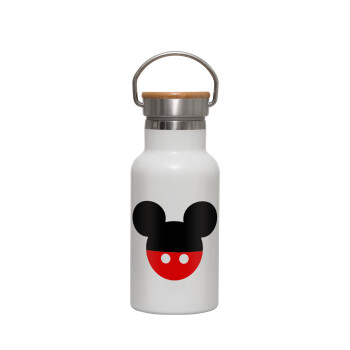 Mickey head, Metallic thermos (Stainless steel) White with wooden lid (bamboo), double-walled, 350ml