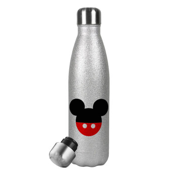 Mickey head, Μεταλλικό παγούρι θερμός Glitter Aσημένιο (Stainless steel), διπλού τοιχώματος, 500ml