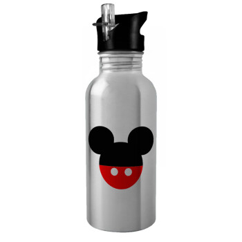 Mickey head, Water bottle Silver with straw, stainless steel 600ml
