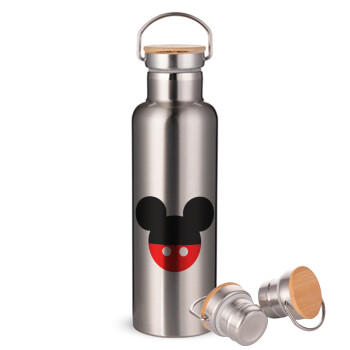 Mickey head, Μεταλλικό παγούρι θερμός (Stainless steel) Ασημένιο με ξύλινο καπακι (bamboo), διπλού τοιχώματος, 750ml