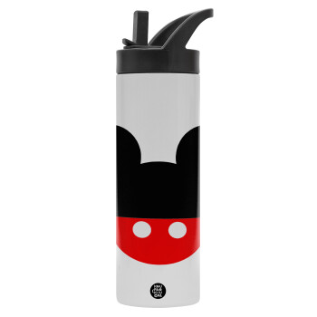 Mickey head, Metallic thermos bottle with straw & handle, stainless steel (Stainless steel 304), double-walled, 600ml.