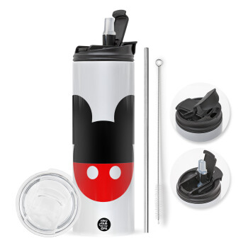 Mickey head, Travel Tumbler θερμό με διπλό καπάκι, μεταλλικό καλαμάκι και βούρτσα καθαρισμού (Ανωξείδωτο 304 Food grade, BPA free, 600ml)