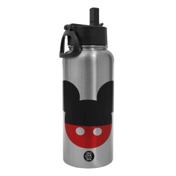 Mickey head, Metal mug thermo Silver with Straw and Spout Lid (Stainless steel), double wall, 950ml