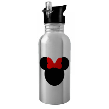 Minnie head, Water bottle Silver with straw, stainless steel 600ml