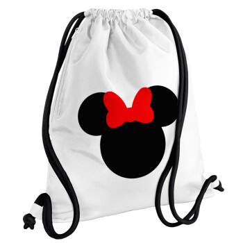 Minnie head, Τσάντα πλάτης πουγκί GYMBAG λευκή, με τσέπη (40x48cm) & χονδρά κορδόνια