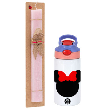 Minnie head, Πασχαλινό Σετ, Παιδικό παγούρι θερμό, ανοξείδωτο, με καλαμάκι ασφαλείας, ροζ/μωβ (350ml) & πασχαλινή λαμπάδα αρωματική πλακέ (30cm) (ΡΟΖ)