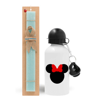 Minnie head, Easter Set, metallic aluminum water bottle (500ml) & scented flat candle (30cm) (TURQUOISE)