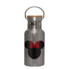 Stainless steel metallic thermos flask, silver with a bamboo lid, double-walled, 350ml.