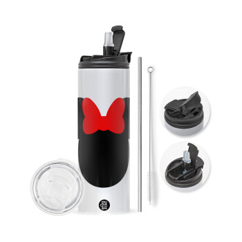 Minnie head, Travel Tumbler θερμό με διπλό καπάκι, μεταλλικό καλαμάκι και βούρτσα καθαρισμού (Ανωξείδωτο 304 Food grade, BPA free, 600ml)