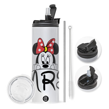 Minnie Mrs, Travel Tumbler θερμό με διπλό καπάκι, μεταλλικό καλαμάκι και βούρτσα καθαρισμού (Ανωξείδωτο 304 Food grade, BPA free, 600ml)