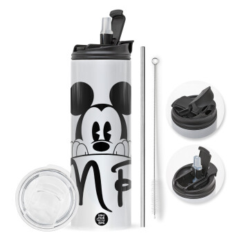 Mikey Mr, Travel Tumbler θερμό με διπλό καπάκι, μεταλλικό καλαμάκι και βούρτσα καθαρισμού (Ανωξείδωτο 304 Food grade, BPA free, 600ml)