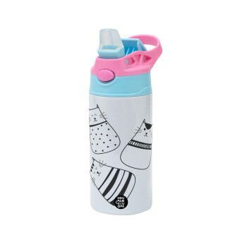 Cute cats, Children's hot water bottle, stainless steel, with safety straw, Pink/BlueCiel (360ml) BPA FREE