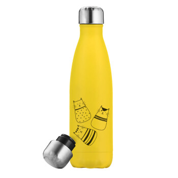 Cute cats, Yellow Stainless Steel Metallic Thermos, double-walled, 500ml