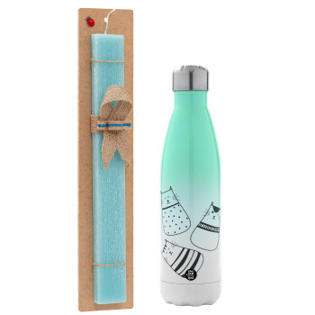 Cute cats, Easter Set, Metallic green/white thermos (Stainless steel), double-walled, 500ml & scented flat Easter candle (30cm) (TURQUOISE)