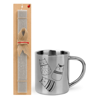 Cute cats, Easter Set, metallic thermal cup (300ml) & Easter aromatic flat candle (30cm) (GRAY)