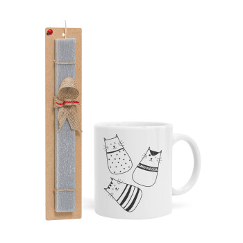 Cute cats, Easter Set, Ceramic Cup (330ml) & Easter aromatic flat candle (30cm) (GRAY)