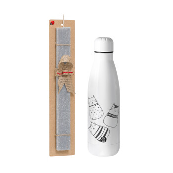 Cute cats, Easter Set, metallic stainless thermos bottle (500ml) & scented flat Easter candle (30cm) (GRAY)